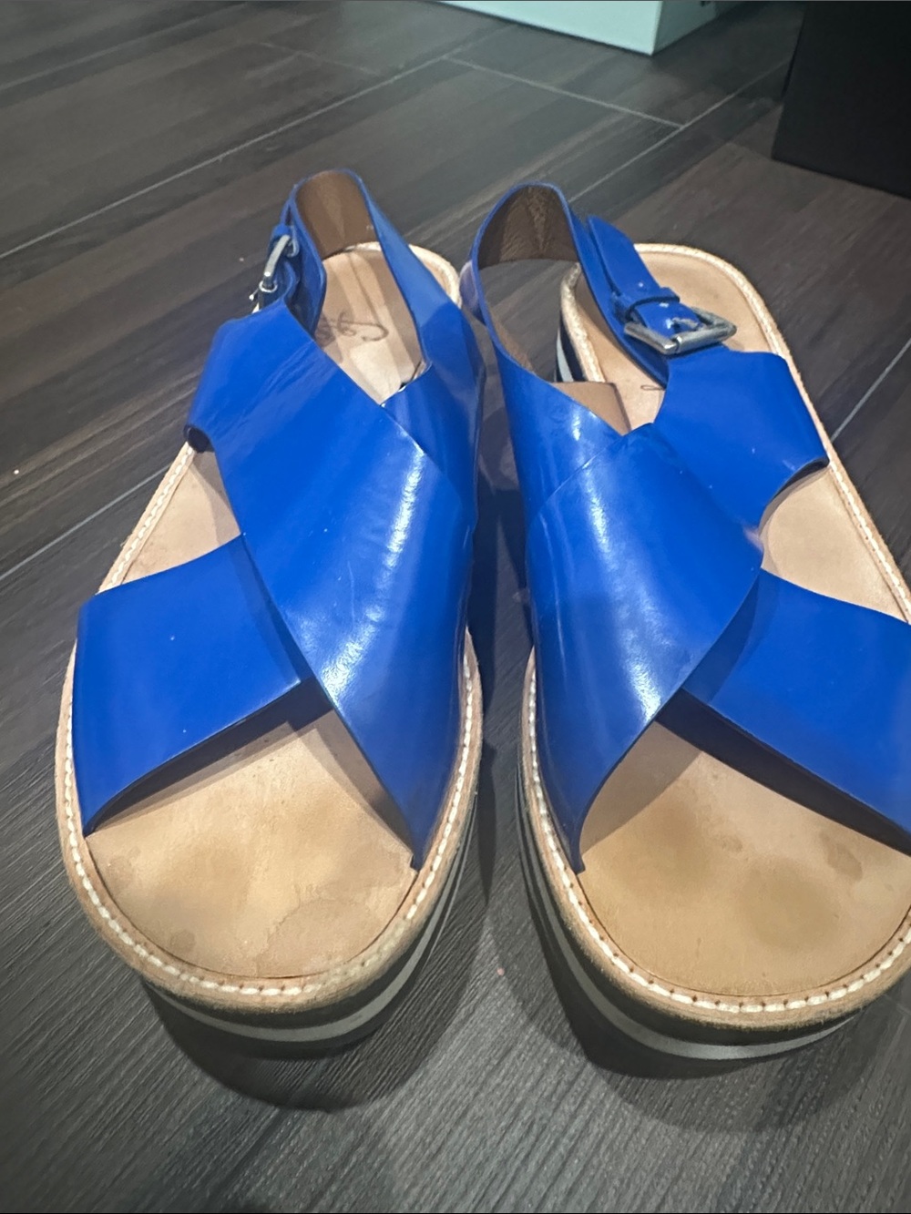 Blue Leather Cross-Strap Platform Sandals - Women